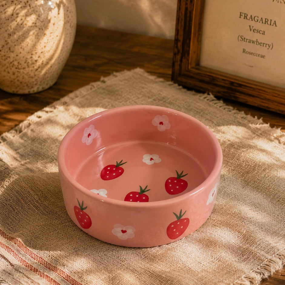 Pink Strawberries and Daisies Handpainted Flat Bowl