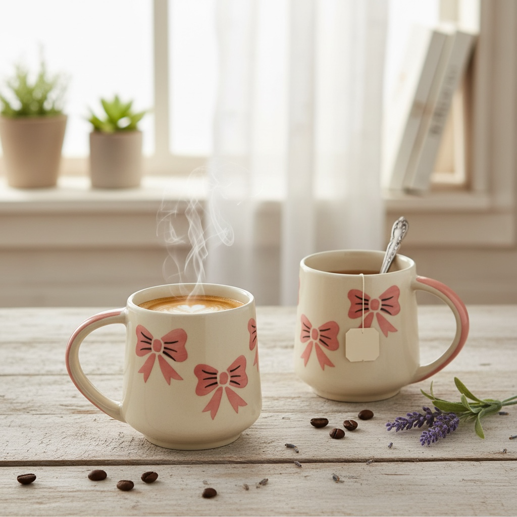 Pink Handpainted Bow Mug - Set of 2