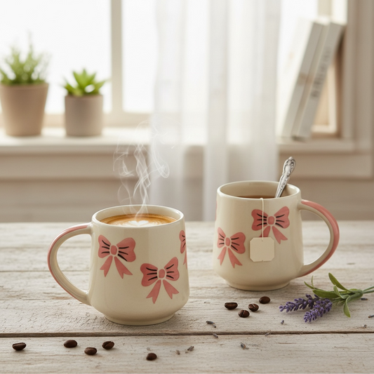 Pink Handpainted Bow Mug - Set of 2