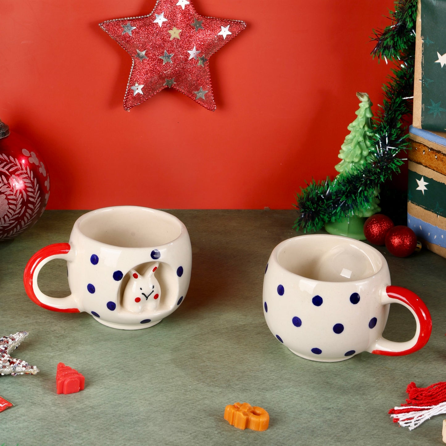 Pixie 4D Blue and Red Bunny Polka Mugs - Set of 2