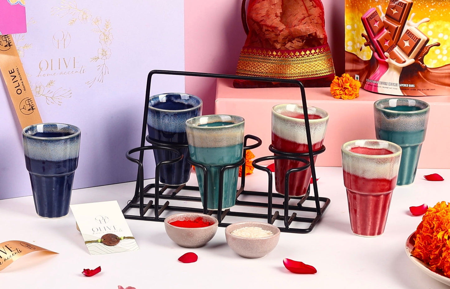 6 Chai Glasses with Stand - Multicolor Set for Tea Lovers