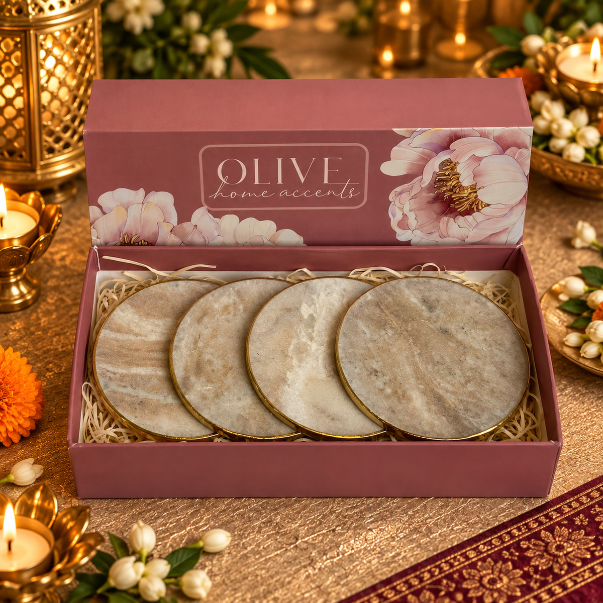 Saanjh - Luxe Marble Coasters with Brass Rim