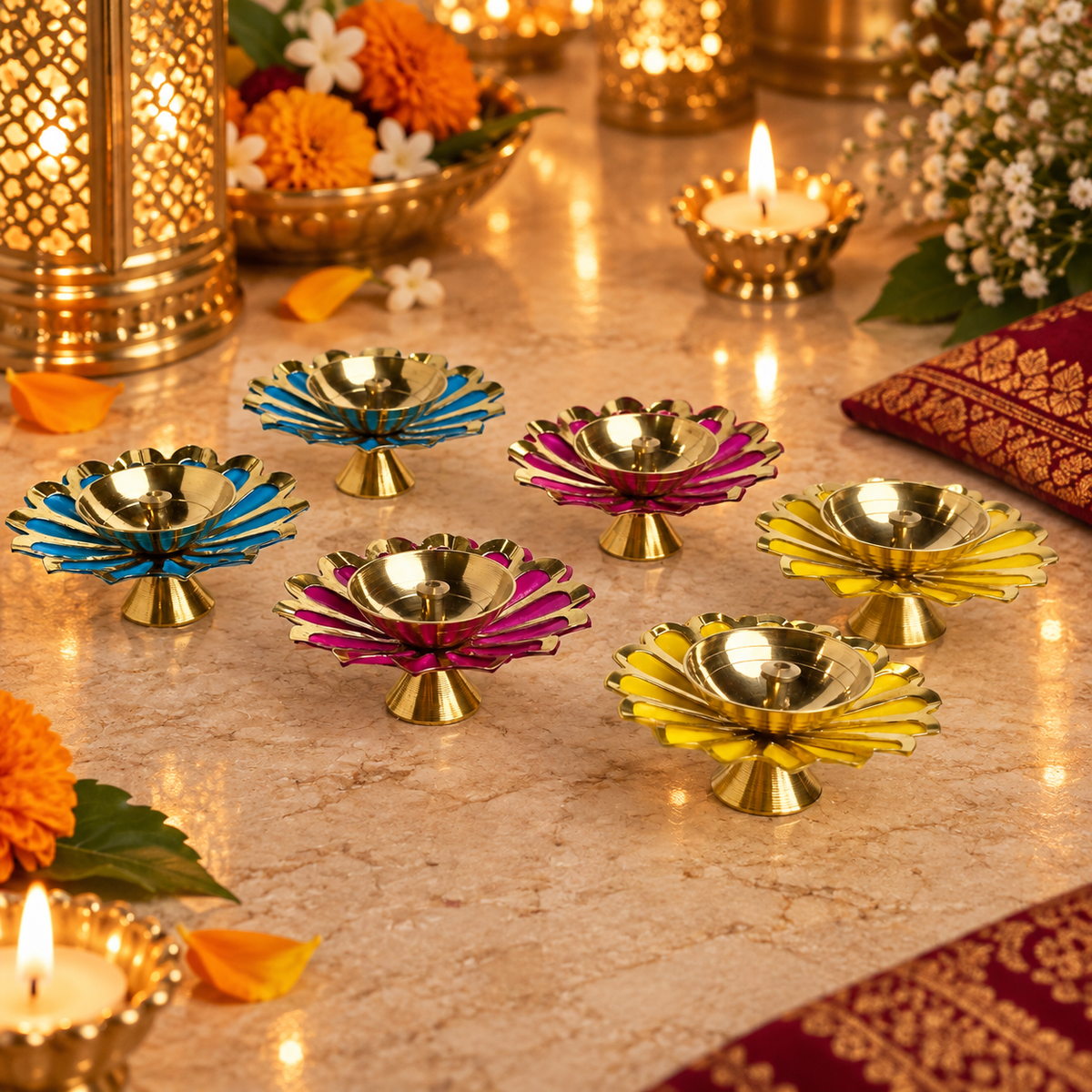 Colourful Brass Diyas - Set of 6