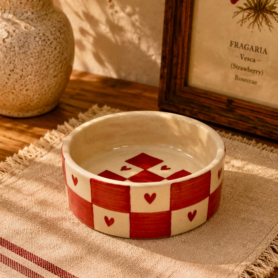 Heart Checkered Handpainted Flat Bowl Small