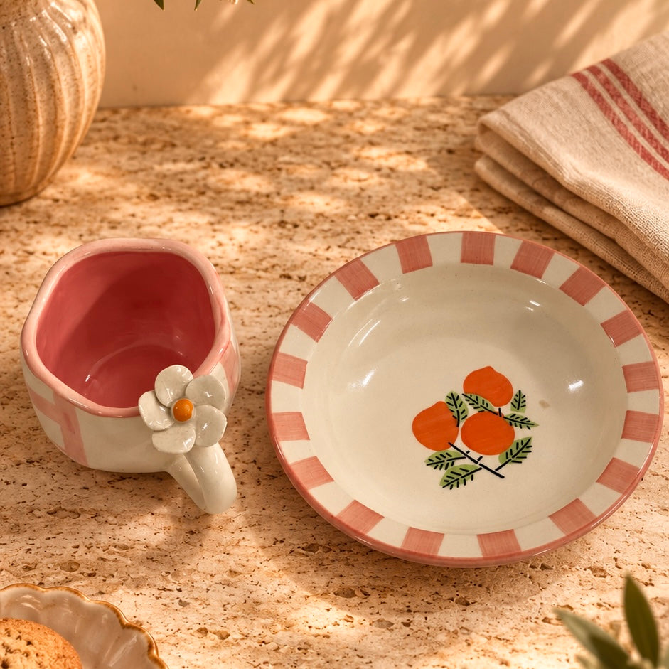 Citrus Stripes Positano Pasta Plate and  Pixie Flower Mug  - Set of 2