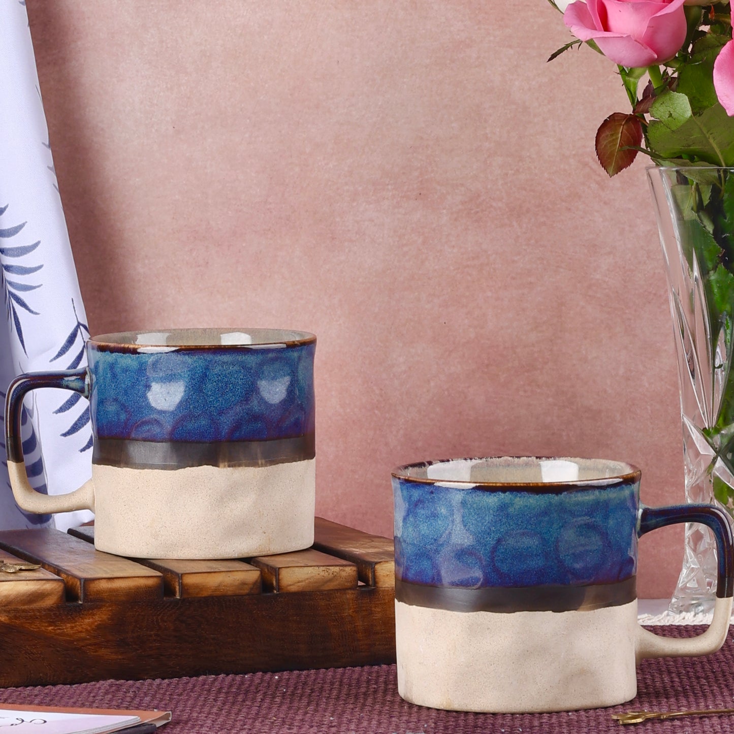 Crumpled paper effect Studio Pottery Mugs - Blue and White Set of 2