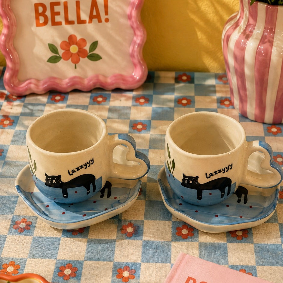 Lazzyyy Cat Duo Cup and Snack Plate