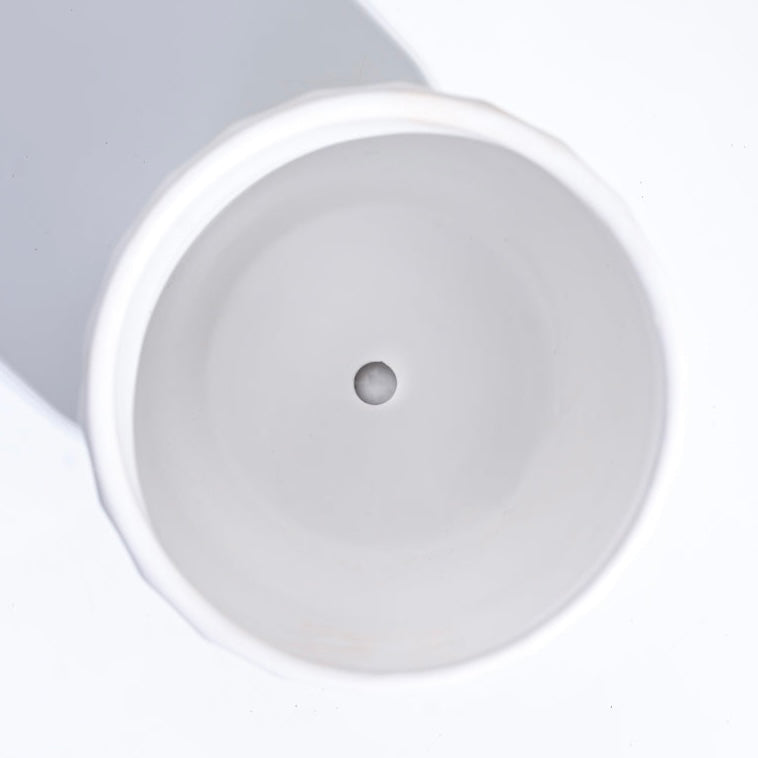 Ceramic Flower Planter - Fluted White with attached Plate