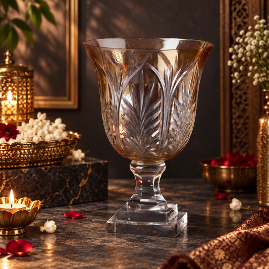 Crystal Cut Amber Glass Hurricane or Vase