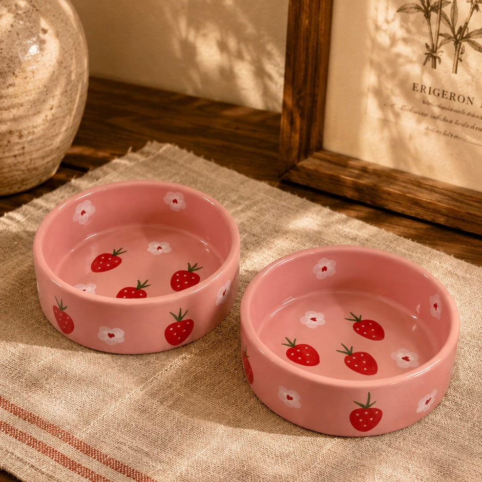 Pink Strawberries and Daisies Handpainted Flat Bowl