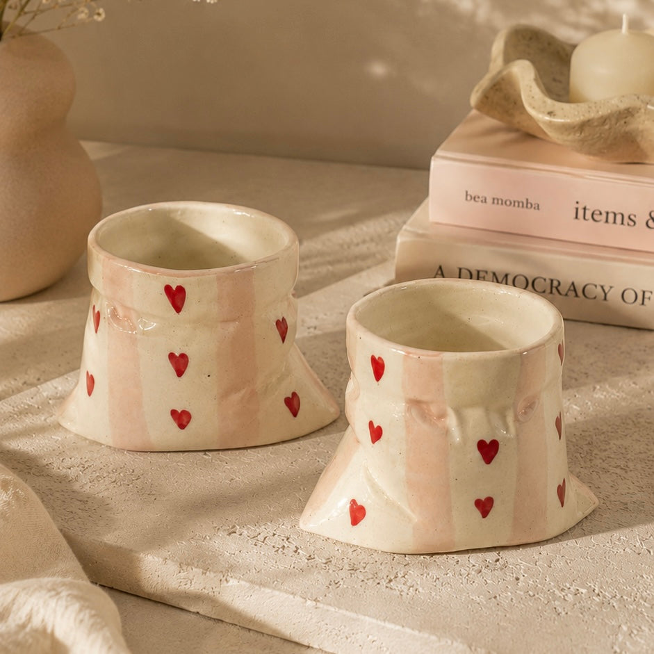 Handmade Pink Stripes Slouchy Handleless Mugs Small - Set of 2