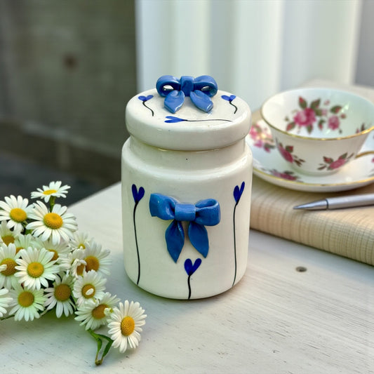 Azure Blue Bow Heart Jar Large - not airtight