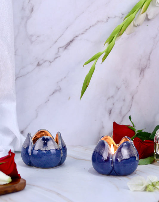 Blue Lotus T-light holder set of 2