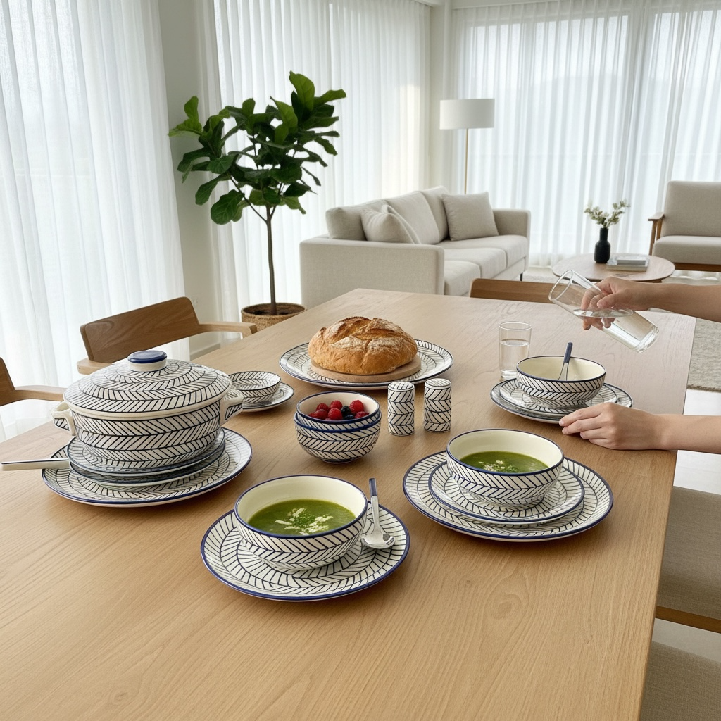 Blue Chevron Handpainted Dinner Set for 6 - 37 pieces