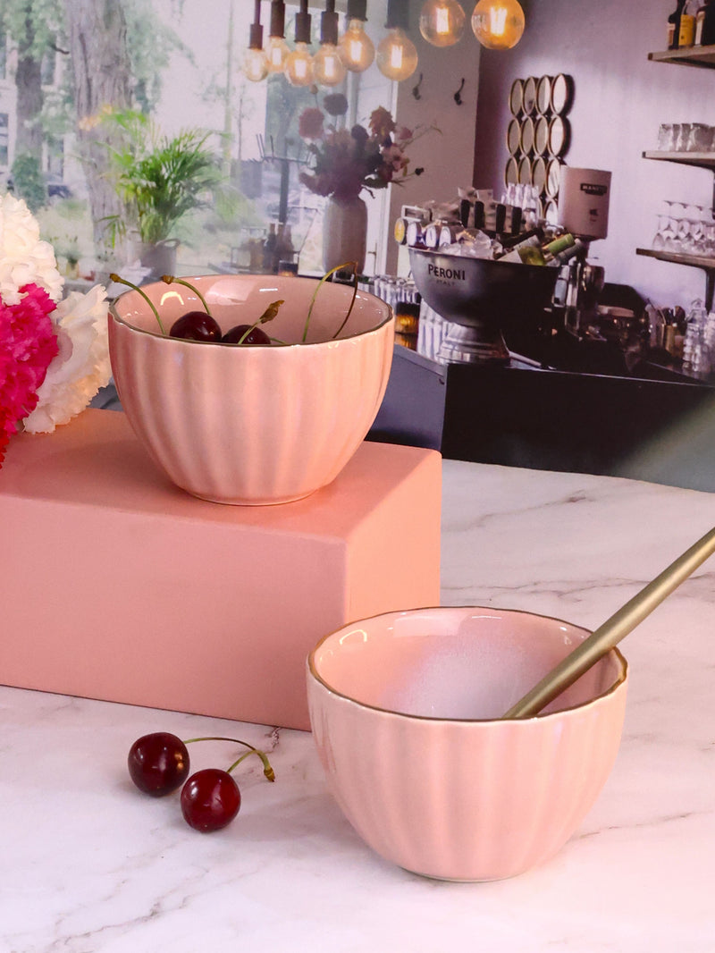 Pink Gold Rim Fluted Dessert Bowl