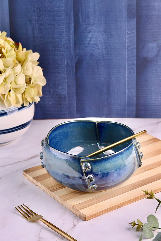 Blue Studio Pottery Handcrafted Button Large Serving Bowl