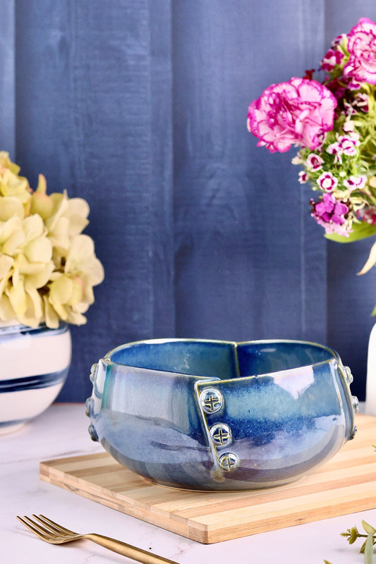 Blue Studio Pottery Handcrafted Button Large Serving Bowl