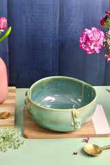 Studio Pottery Green Button Serving Bowl