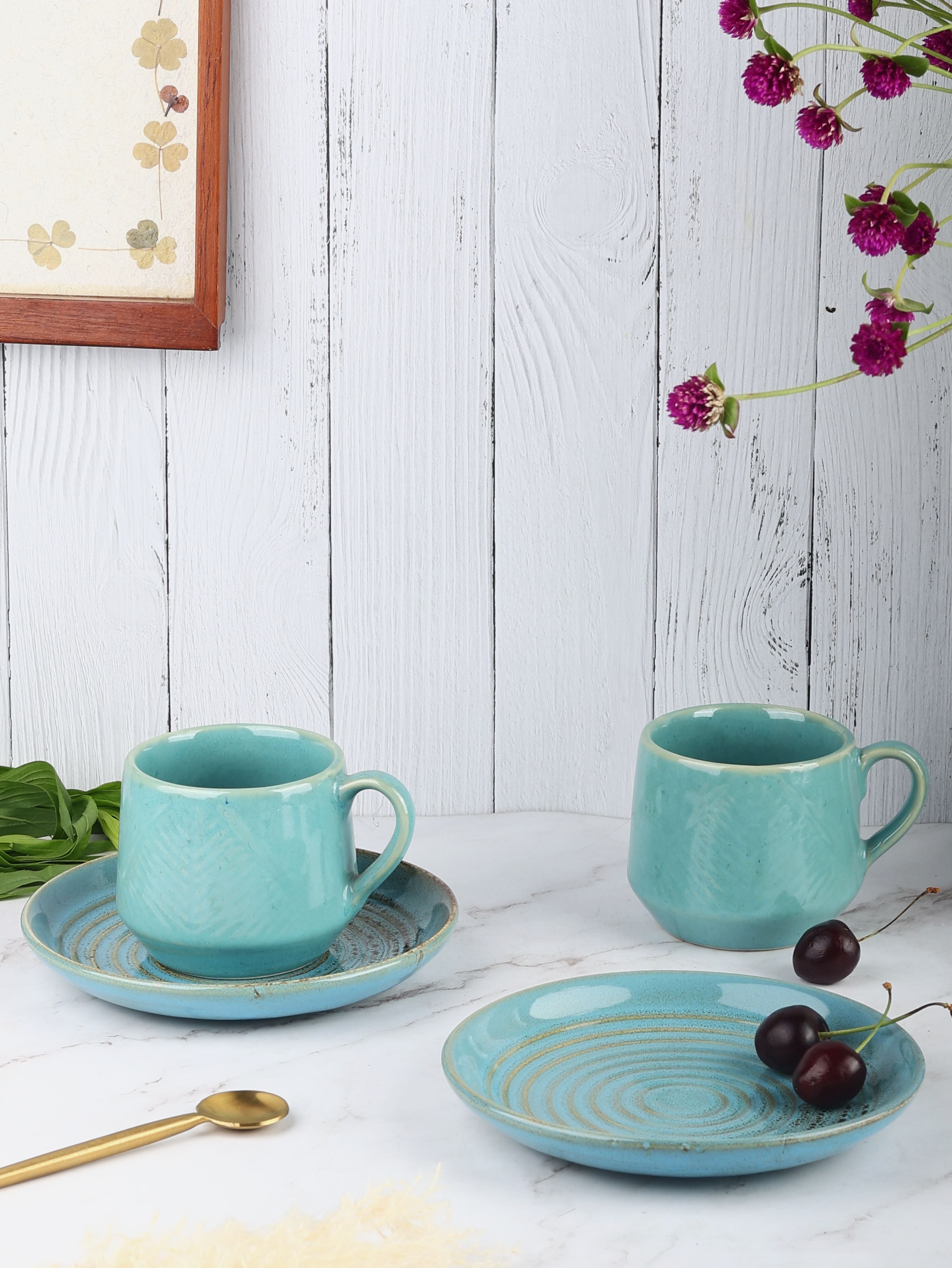 Snack Set - Curved Spiral Blue Snack Plates and Short Leaf Mugs ...