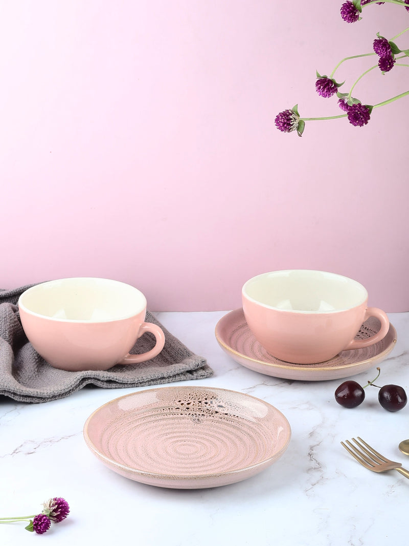 Snack Set - Curved Spiral Pink Snack Plates and Gigi Cappuccino Mugs