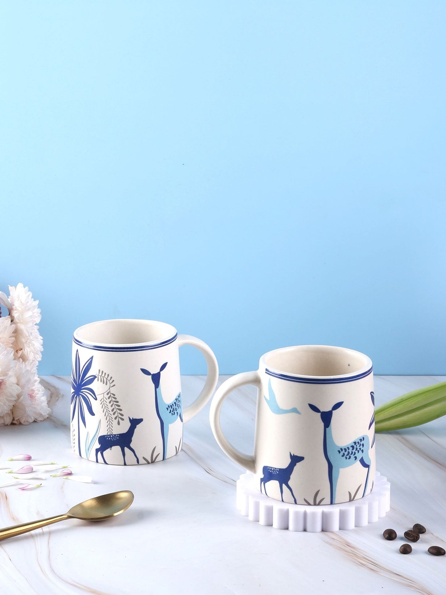 Forest Deer Printed Stoneware Mug - Blue or Red Set of 2