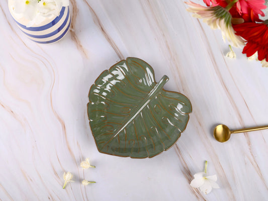 Studio Pottery Green Monstera Leaf Platter Small