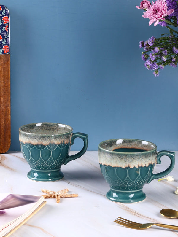 Vintage Embossed Stoneware Mugs - Green & White