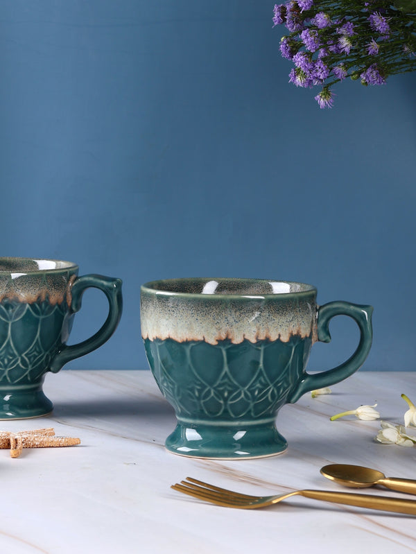 Vintage Embossed Stoneware Mugs - Green & White