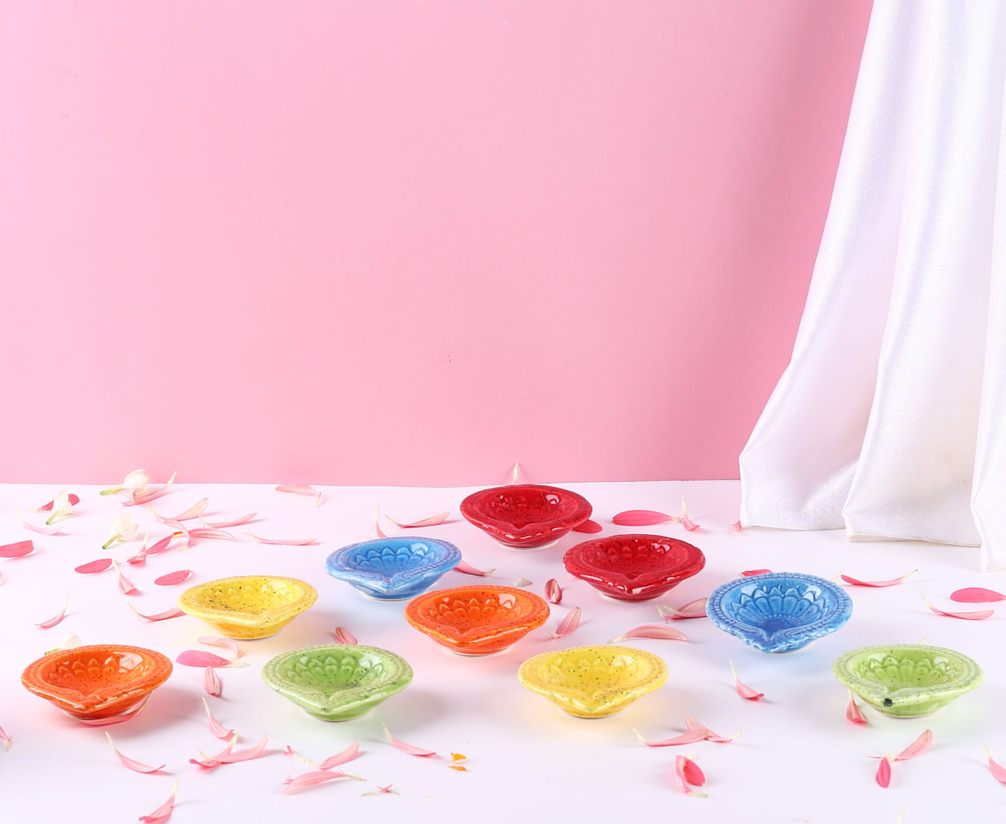 Embossed Colourful Flower Ceramic Diya - Set of 5