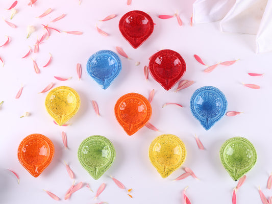 Embossed Colourful Flower Ceramic Diya - Set of 5