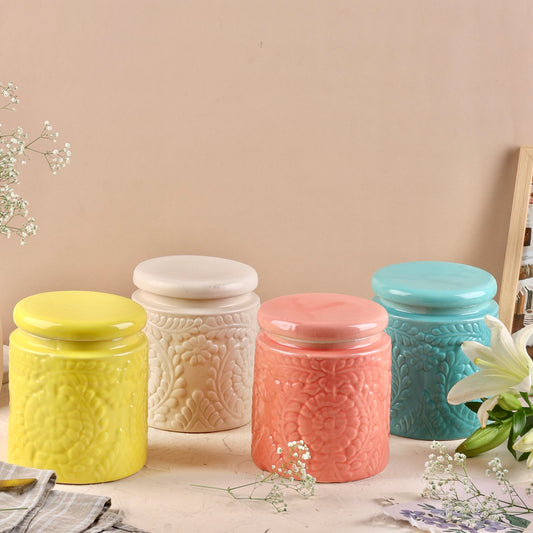 Embossed Ceramic Jars Set - Blue, Red, White & Yellow