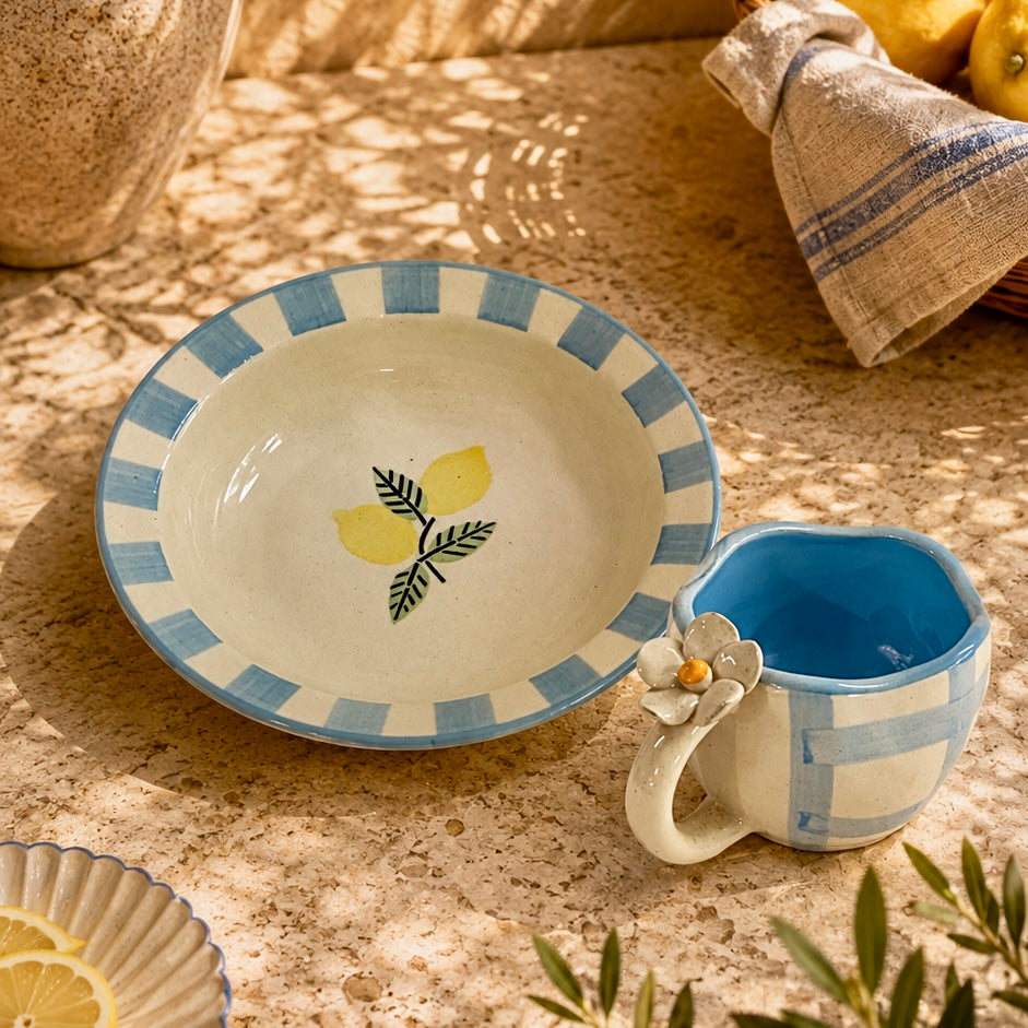 Citrus Stripes Amalfi Pasta Plate and  Pixie Flower Mug  - Set of 2