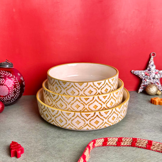 Green Lattice 3 Piece Nesting Flat Bowl Set