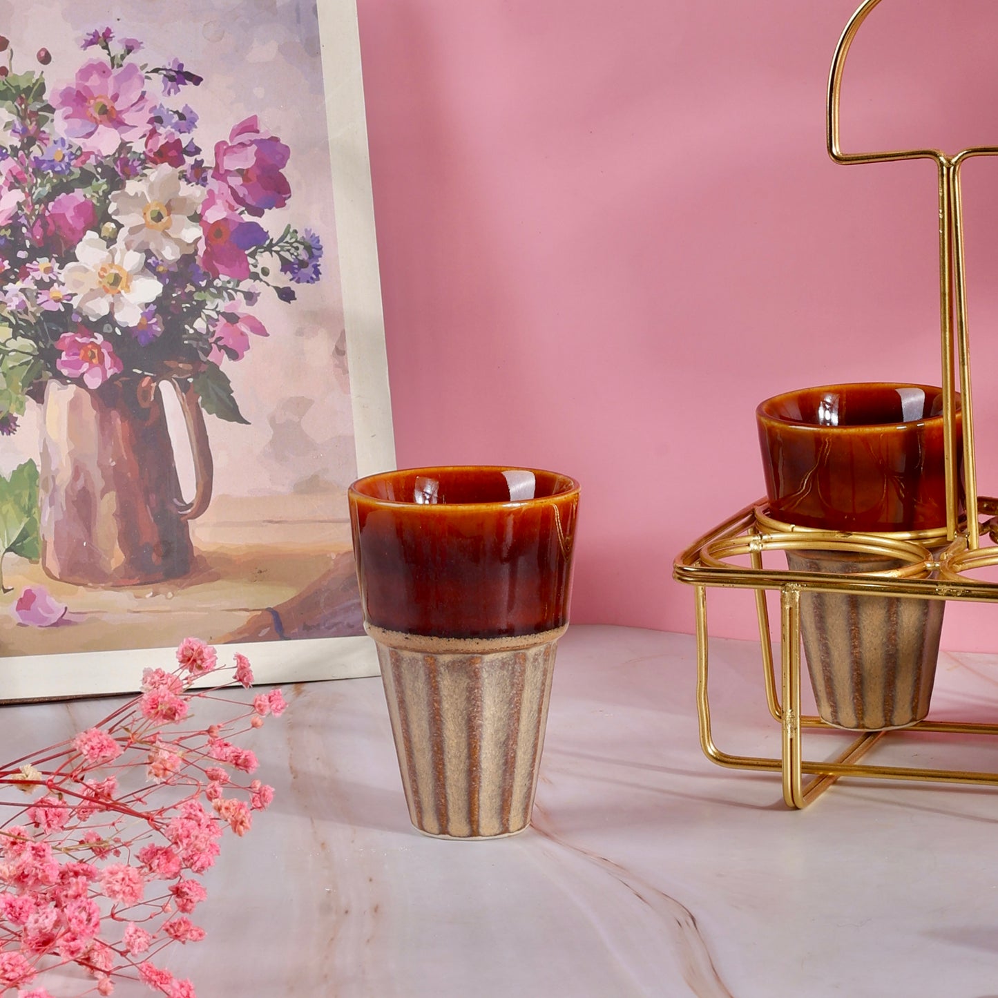 4 Chai Glasses with Golden Stand Set - Brown