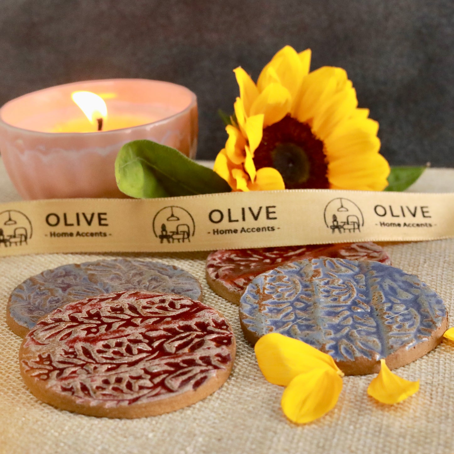 Handmade studio pottery embossed coaster - Set of 2