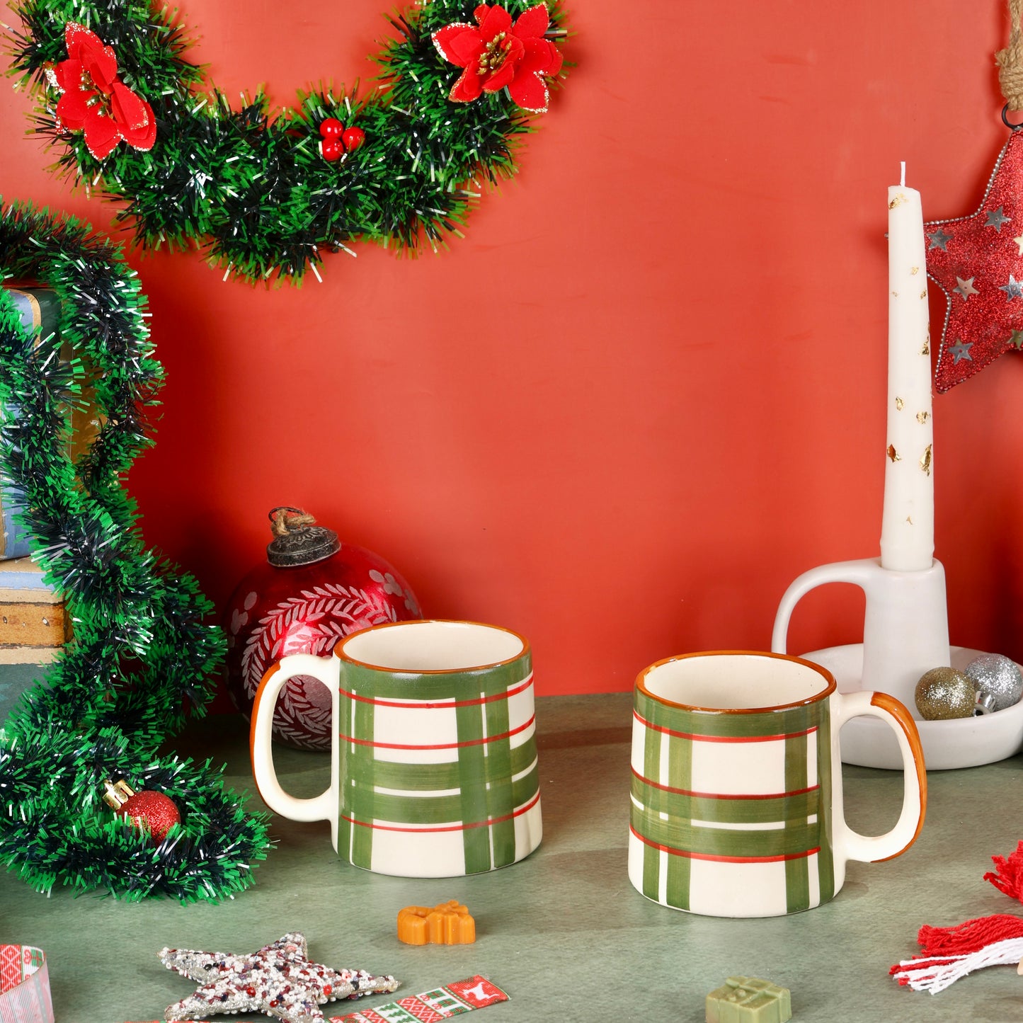 Christmas Checks Handpainted Mugs - Set of 2