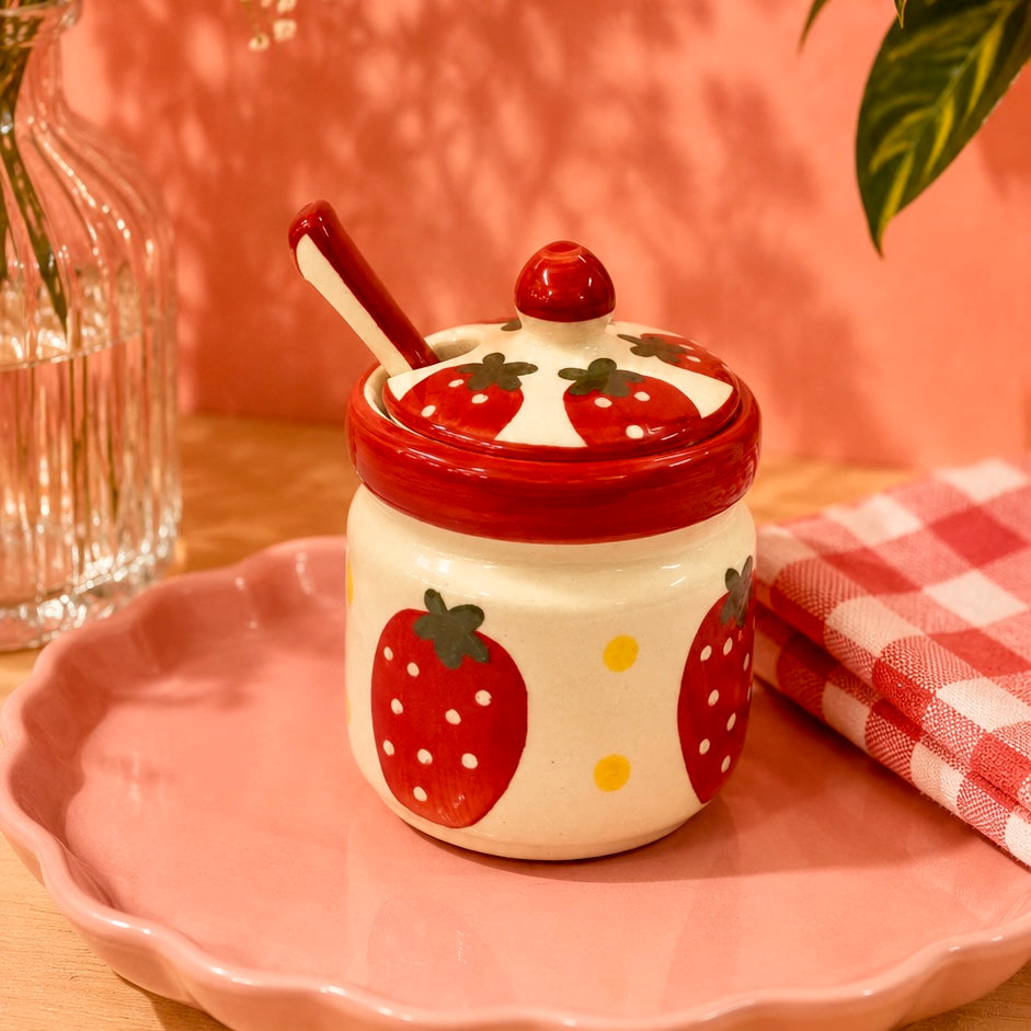 Strawberries and Daisies Jam or Pickle Jar with spoon - not airtight