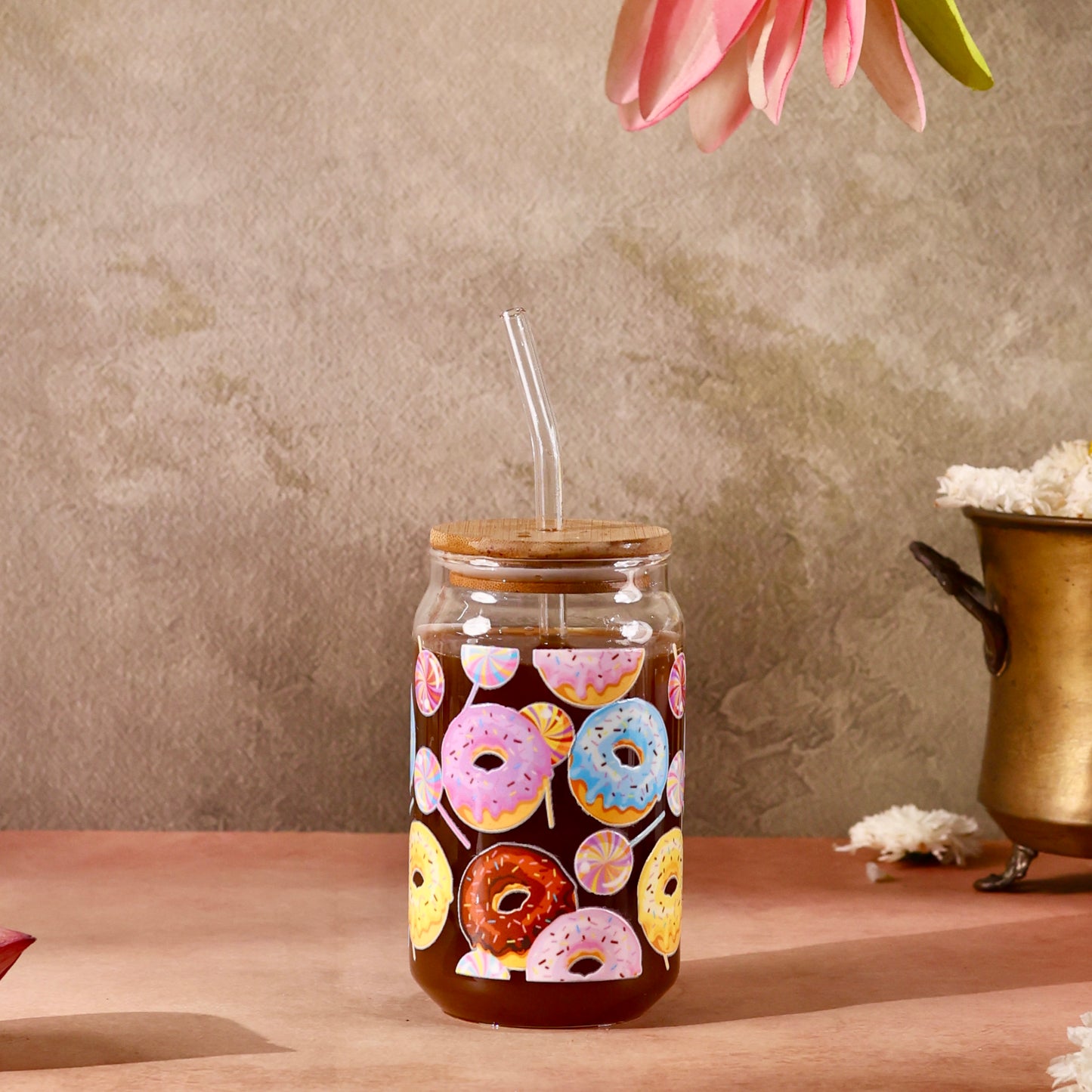 Doughnuts Ophelia Glass Sipper - with UV DTF sticker