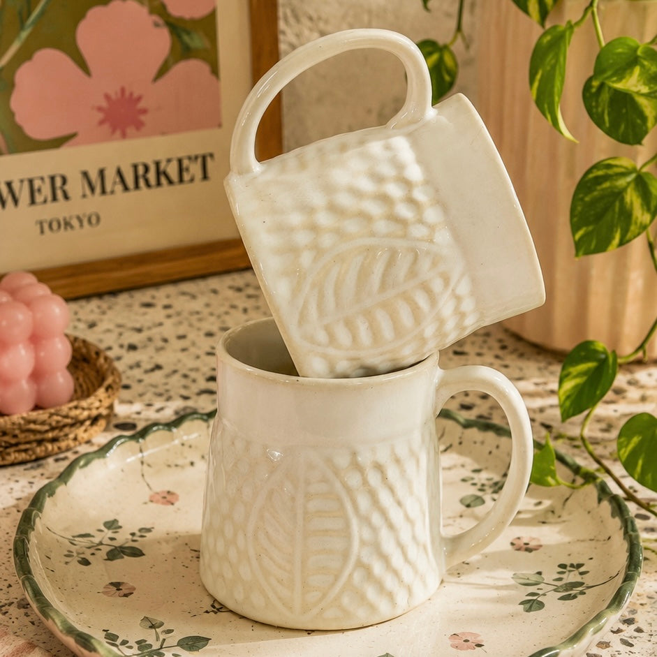 White Autumn Embossed Stoneware Mugs - pack of 2
