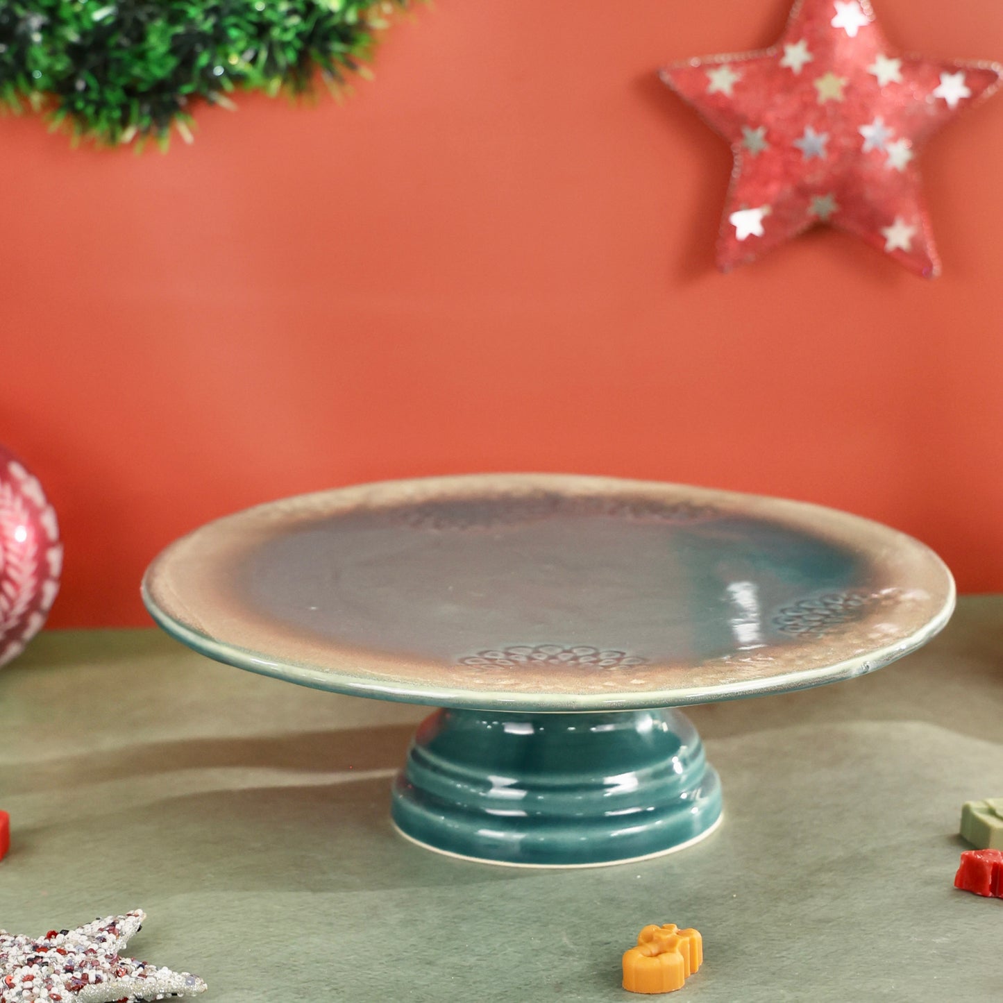 Vintage Embossed Studio Pottery Ceramic Cake Stand