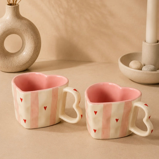 Handmade Pink Stripes Heart Shaped Mugs - Set of 2