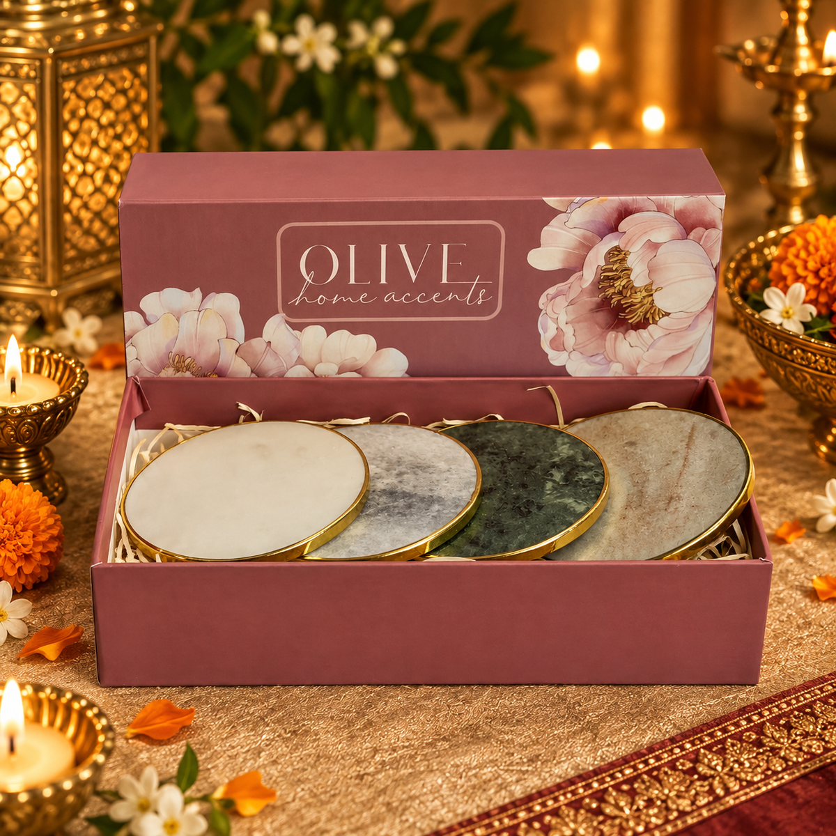 Saanjh - Luxe Marble Coasters with Brass Rim