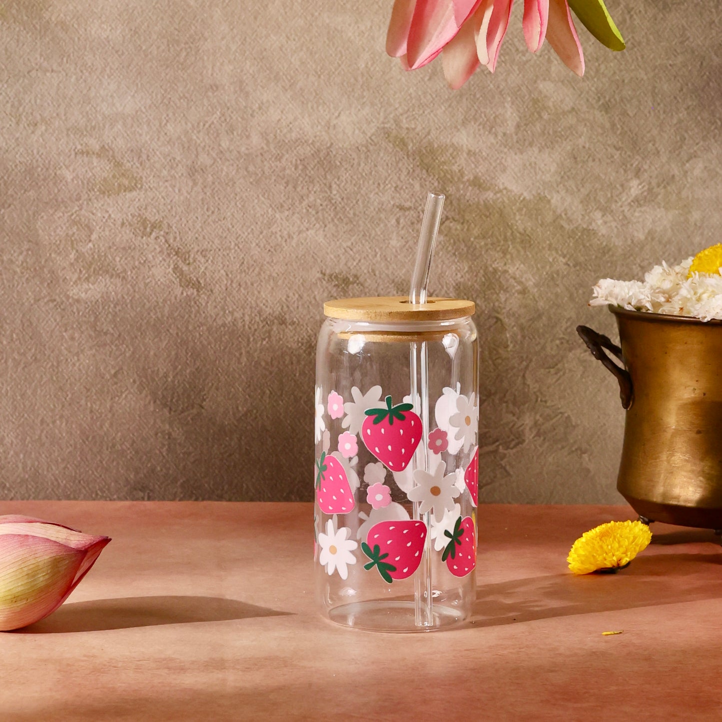 Strawberry Garden Ophelia Glass Sipper - with UV DTF sticker