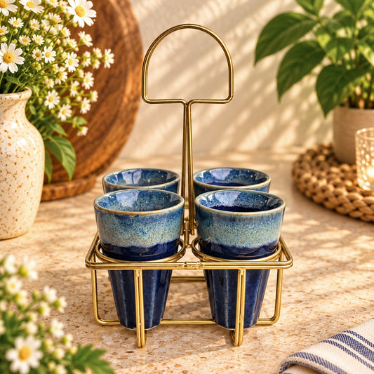 Set of 4 Chai Glasses with Golden Stand - Blue