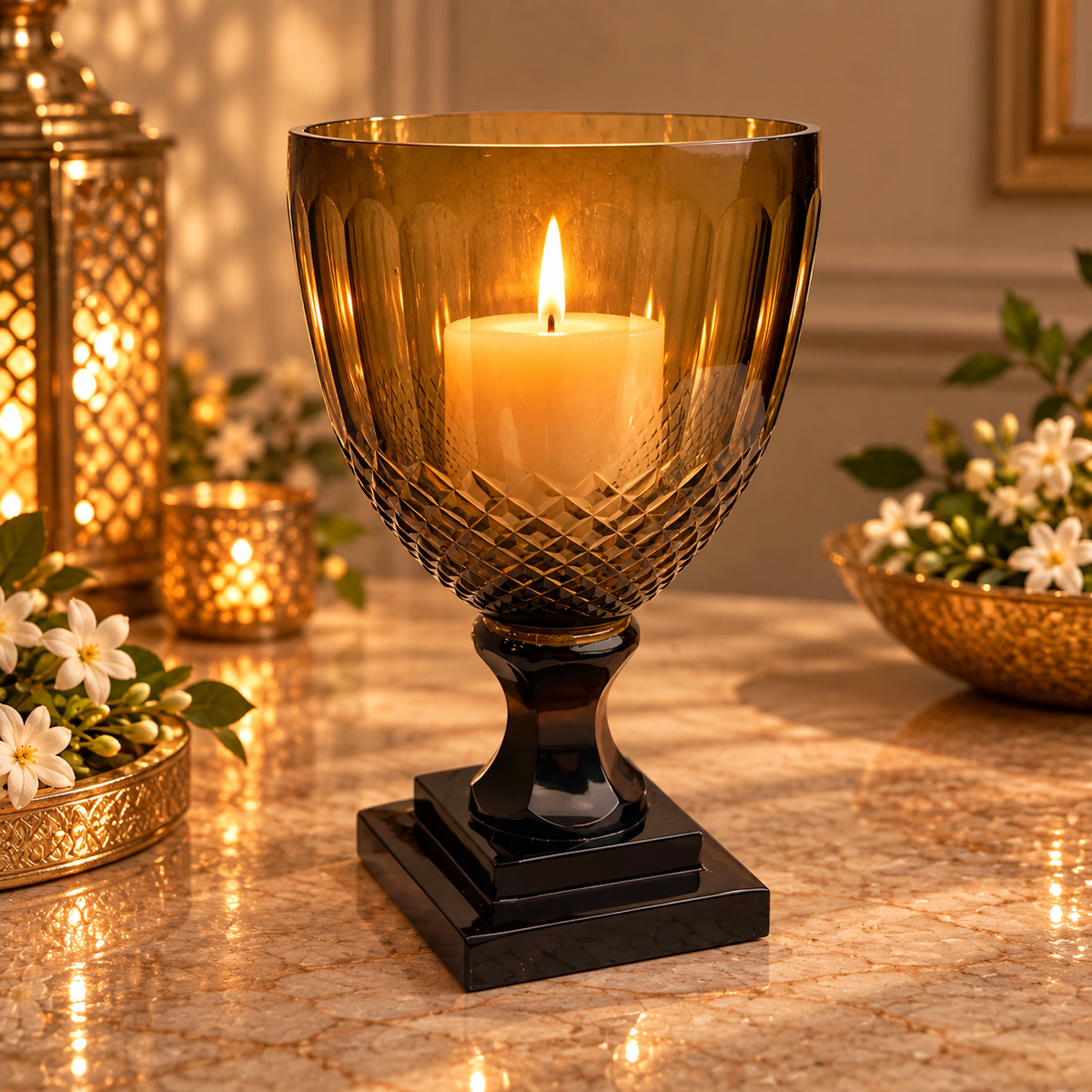 Crystal Cut Deep Brown Glass Hurricane or Vase