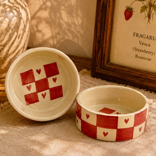 Heart Checkered Handpainted Flat Bowl Small