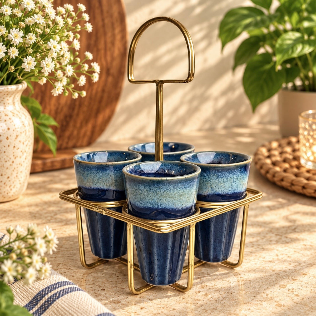 Set of 4 Chai Glasses with Golden Stand - Blue