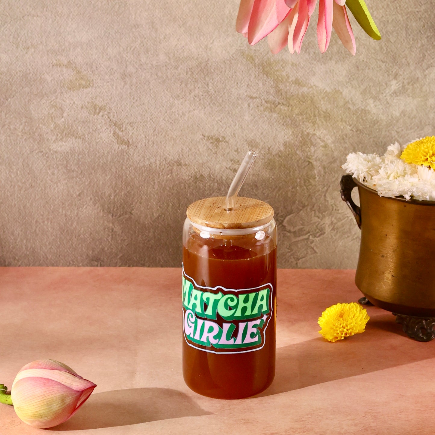 Matcha Girlie Ophelia Glass Sipper - with UV DTF sticker
