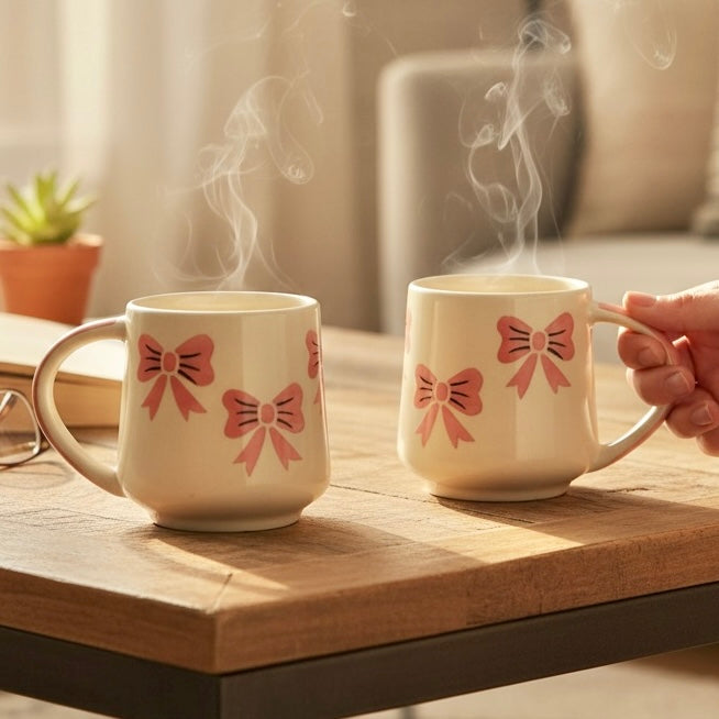 Pink Handpainted Bow Mug - Set of 2