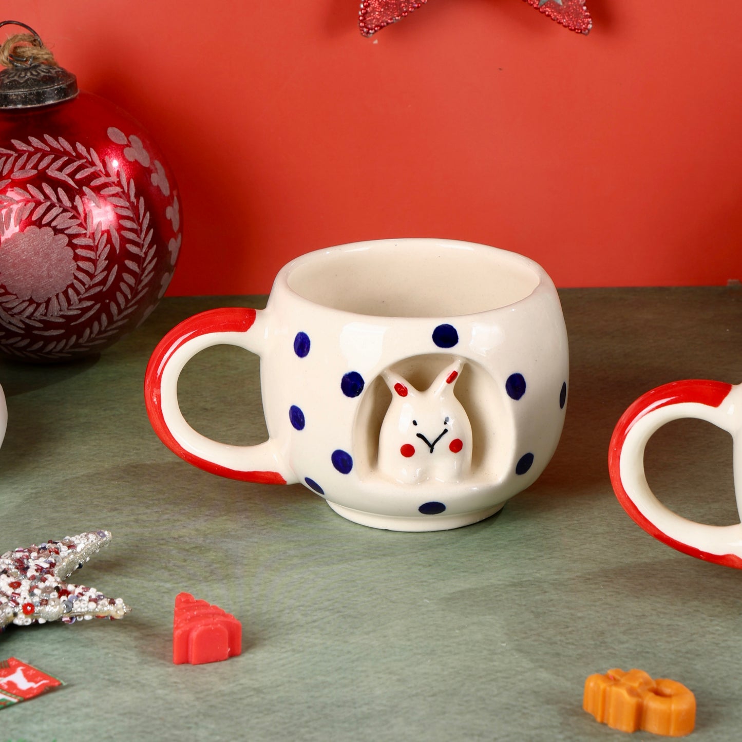 Pixie 4D Blue and Red Bunny Polka Mugs - Set of 2